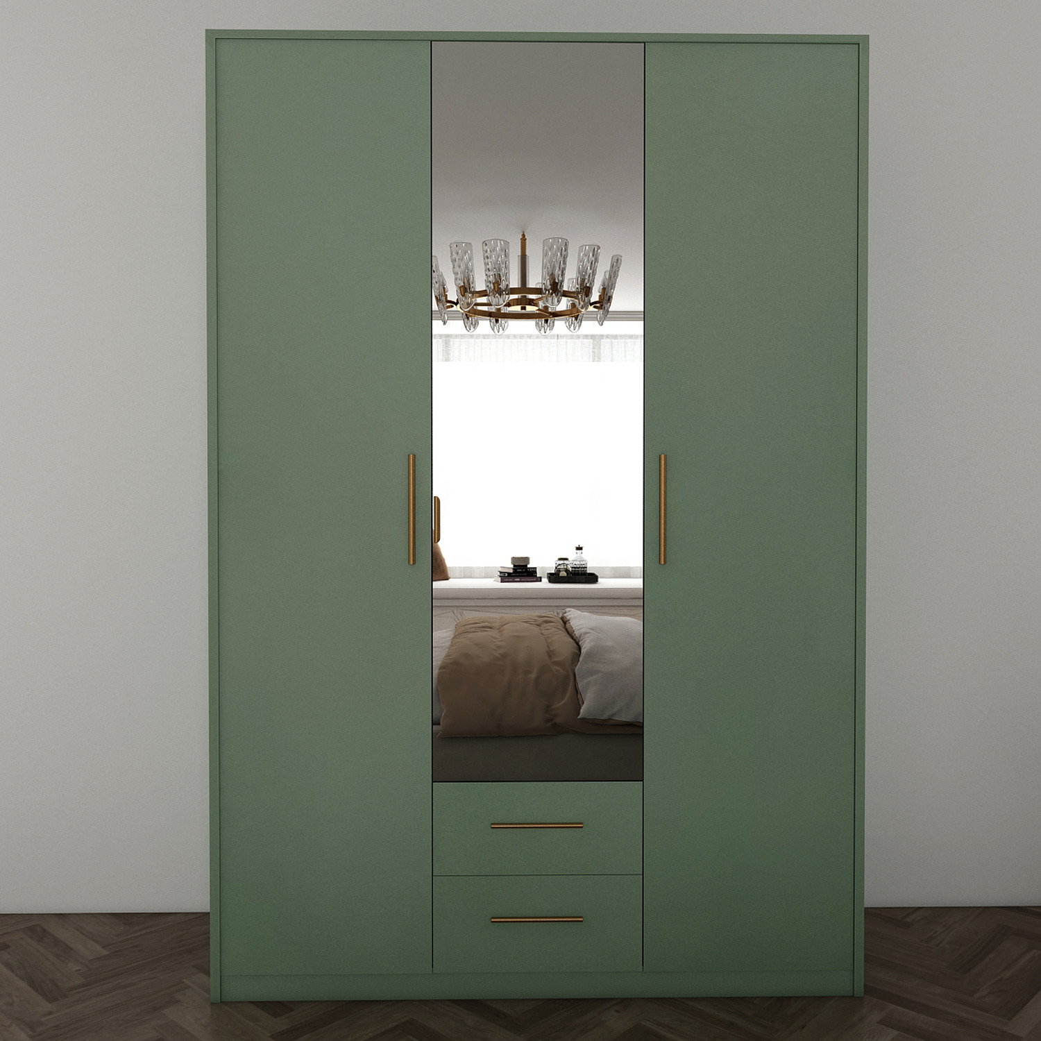 Green 3 Door 2 Drawer Wardrobe 135cm - Green