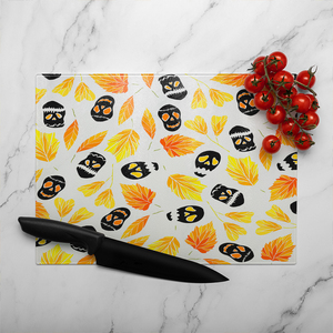 Autumn Leaves  Halloween Skulls Glass Chopping Board-large