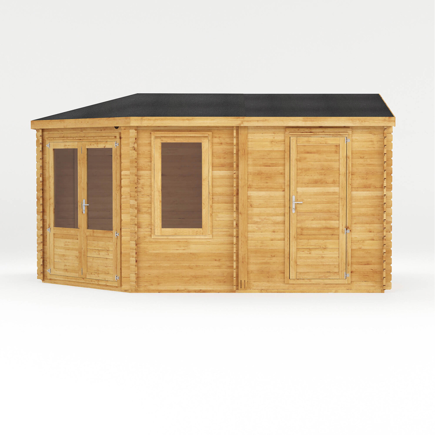 5m X 3m Wooden Corner Lodge Log Cabin With Side Shed - 44mm Thickness - Brown