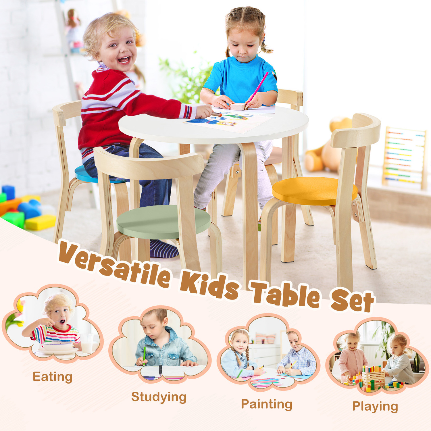 5 Pieces Kids Curved Back Table Chair Set - Natural