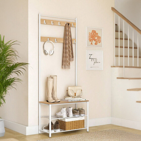 3-in-1 Coat Rack with Shoe Bench and Hooks