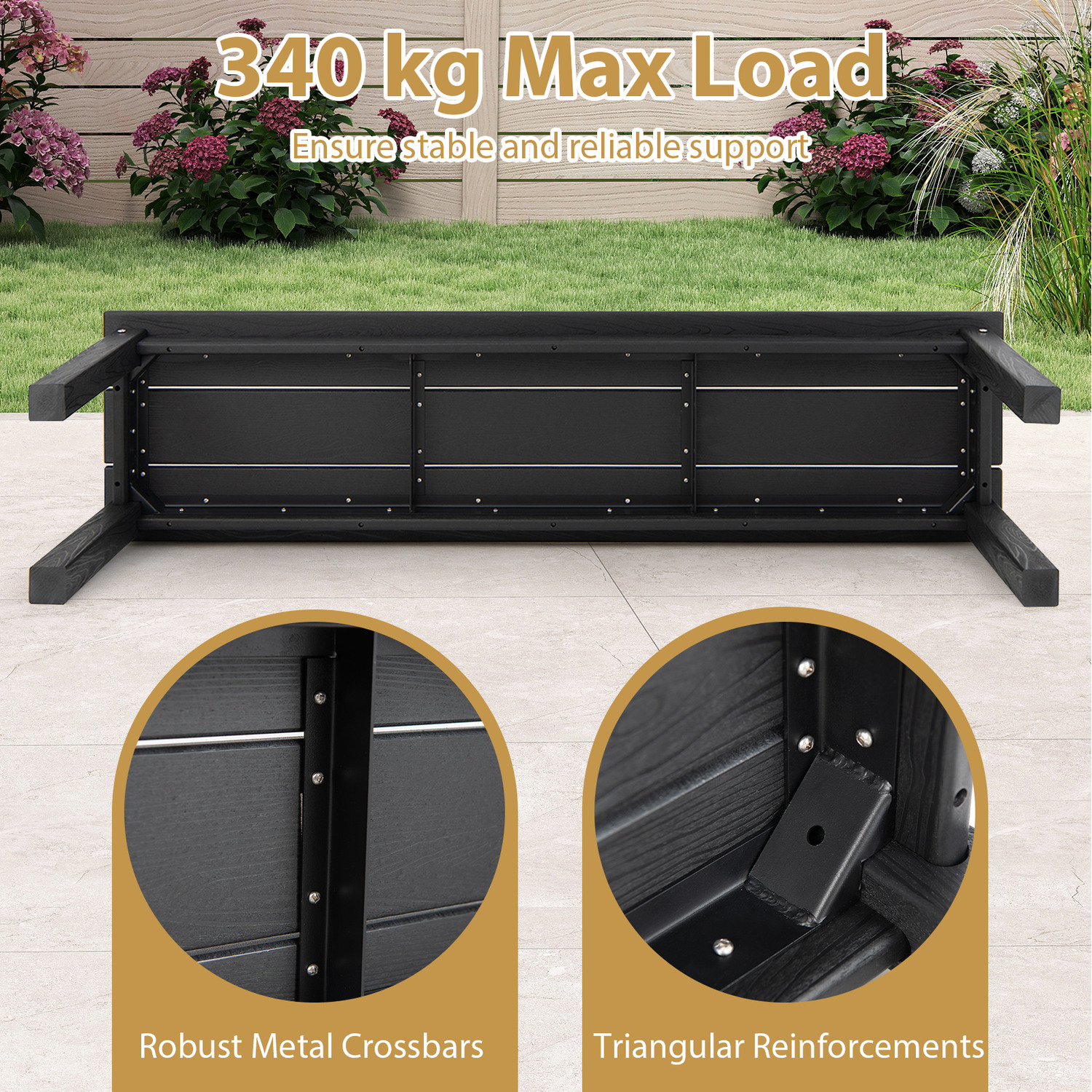 Backless Patio Garden Bench - Black