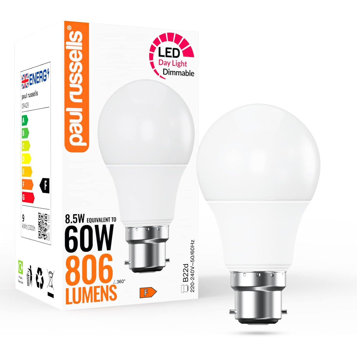 Image of 8.5W LED GLS Dimmable,B22, 806lm, 6500K&hellip;