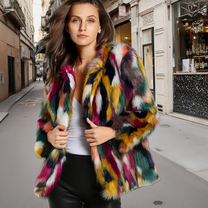 Women's Faux Fur Coat Rounded Neckline Collarless Jacket