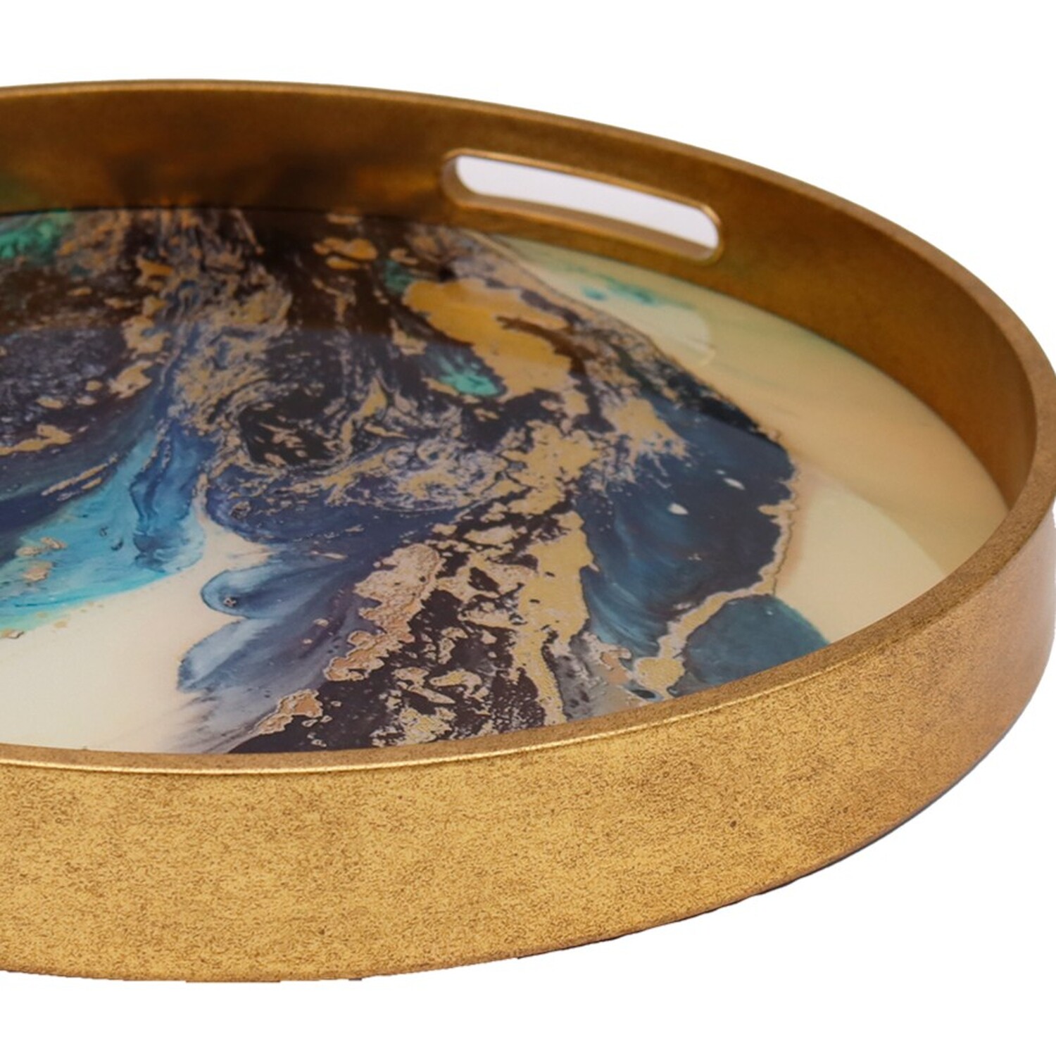 Round Gold Serving Tray Marble Effect Abstract Design - Gold