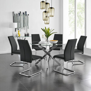 Novara Chrome Metal  Glass Large Round Dining Table  6 Lorenzo Chairs Set