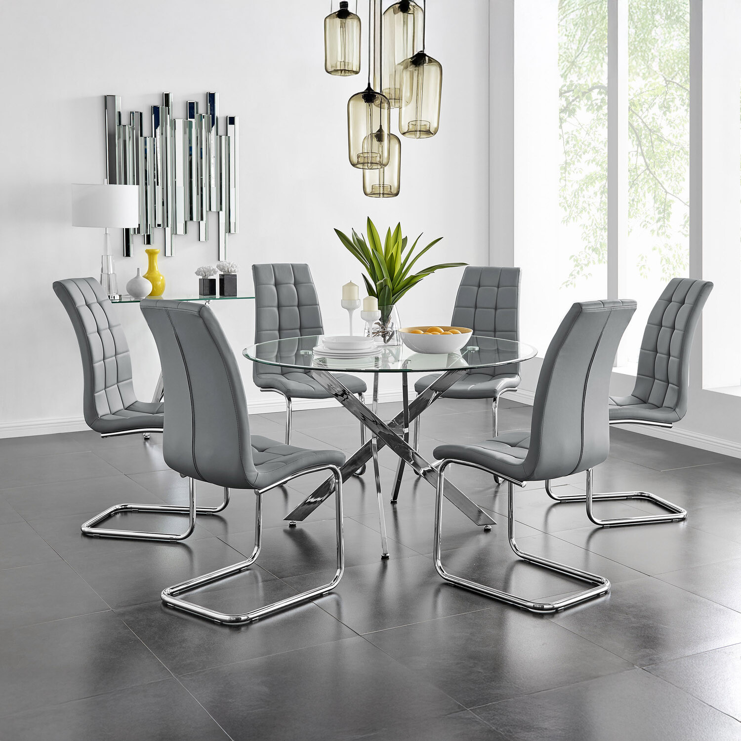 Furnitureboxuk Novara Chrome Metal Glass Large Round Dining Table 6 Murano Chairs Set - Grey