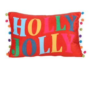 Red Holly Jolly Cushion with Pom Poms Festive Christmas Decor