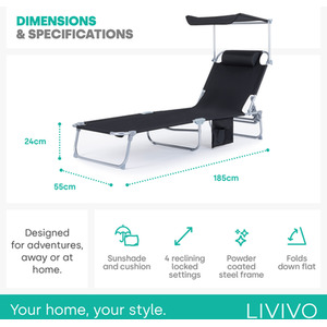 Black LIVIVO Folding Sun Lounger with Sun Shade Black shot 12868339