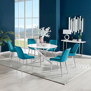 Novara White High Gloss 120cm Dining Table  6 Pesaro Silver Chairs