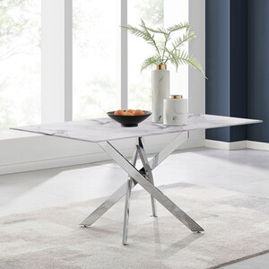 Leonardo Dining Table 6 Seat White Glass Marble Top Silver Legs