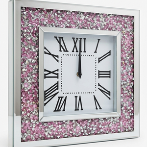Pink Clock Square Pink Silver Crushed Crystal Wall Clock Square Frame 40Cm