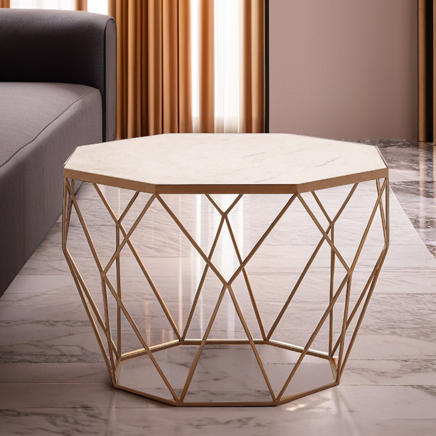 Shalimar Octagon White Marble Coffee Table - Gold
