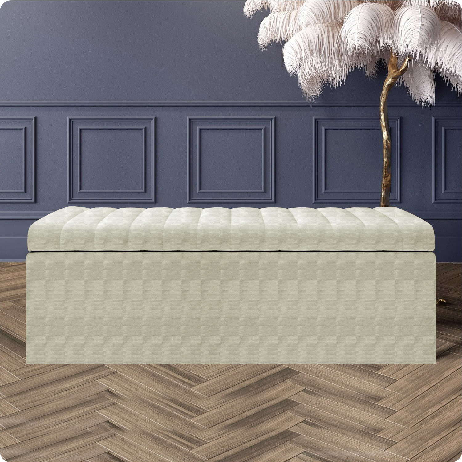 R&M Furnishers Safar Naples Ottoman Storage Box, Cream Striped Upholstered Blanket Chest & End Of Bed Bench - Cream Naples