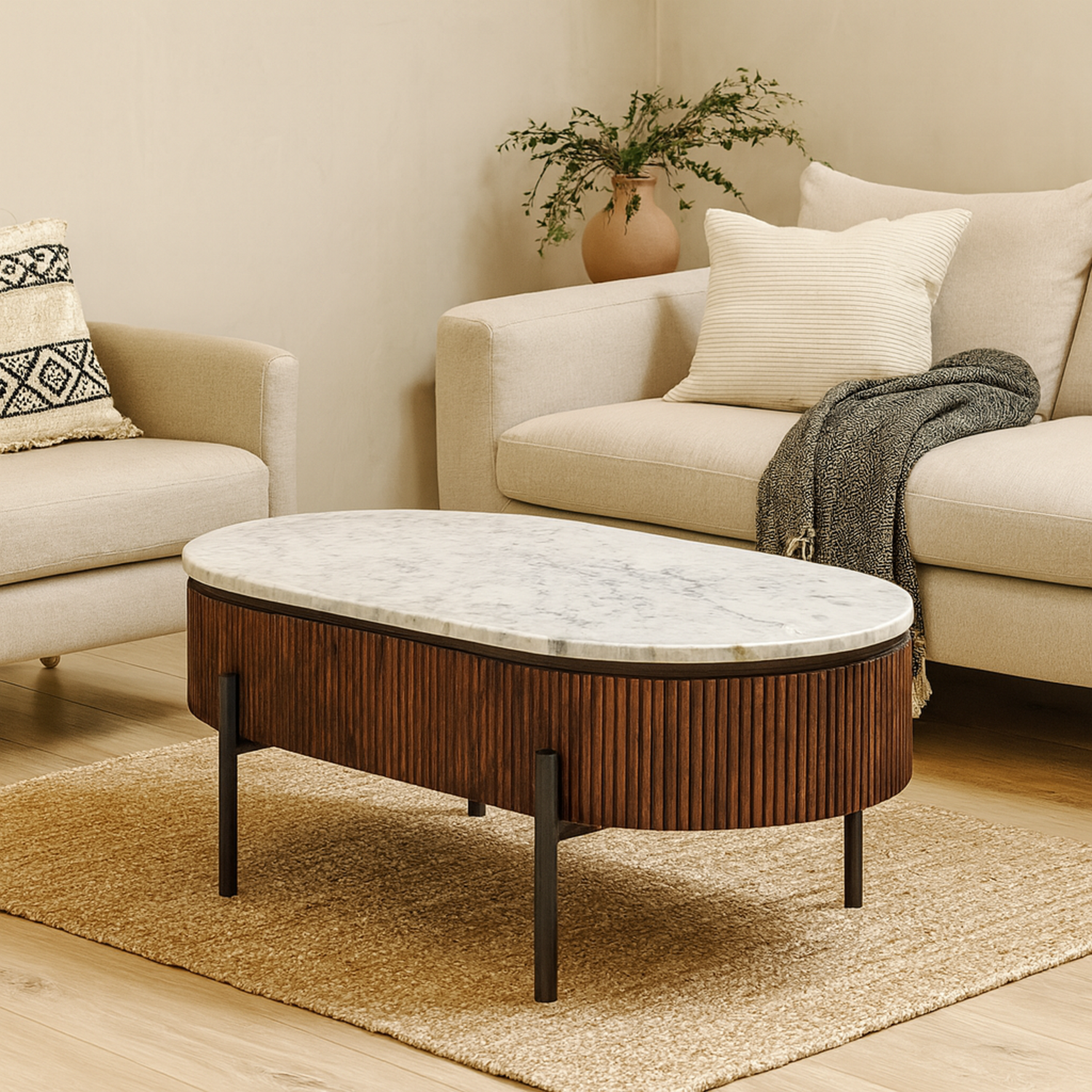 Alabama Ribbed Mango Wood Coffee Table with Marble Top and Metal Legs - Brown