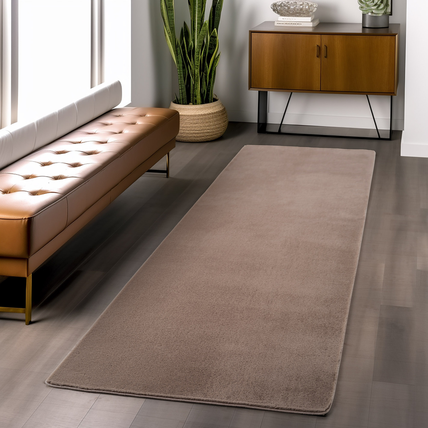 Snuggly Washable Low Pile Living Room Area Rug - Anti-Slip Felt Backing - Mocha / 200cm / 60cm