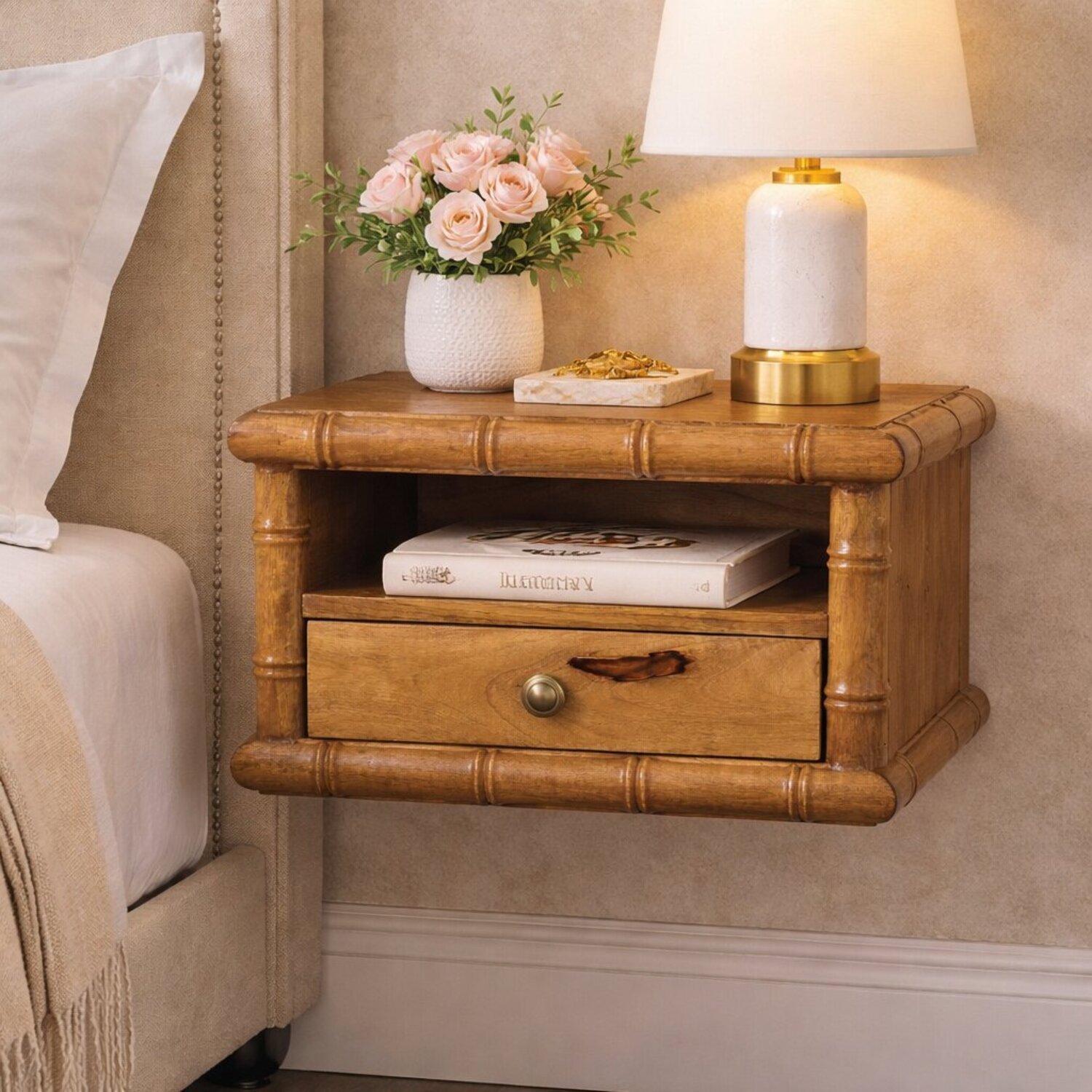 Solid Wood Bamboo Open Bedside in Amber Oak Finish - Brown
