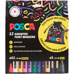 Pack of 12 Posca Medium Tip Marker Pens with Pouch