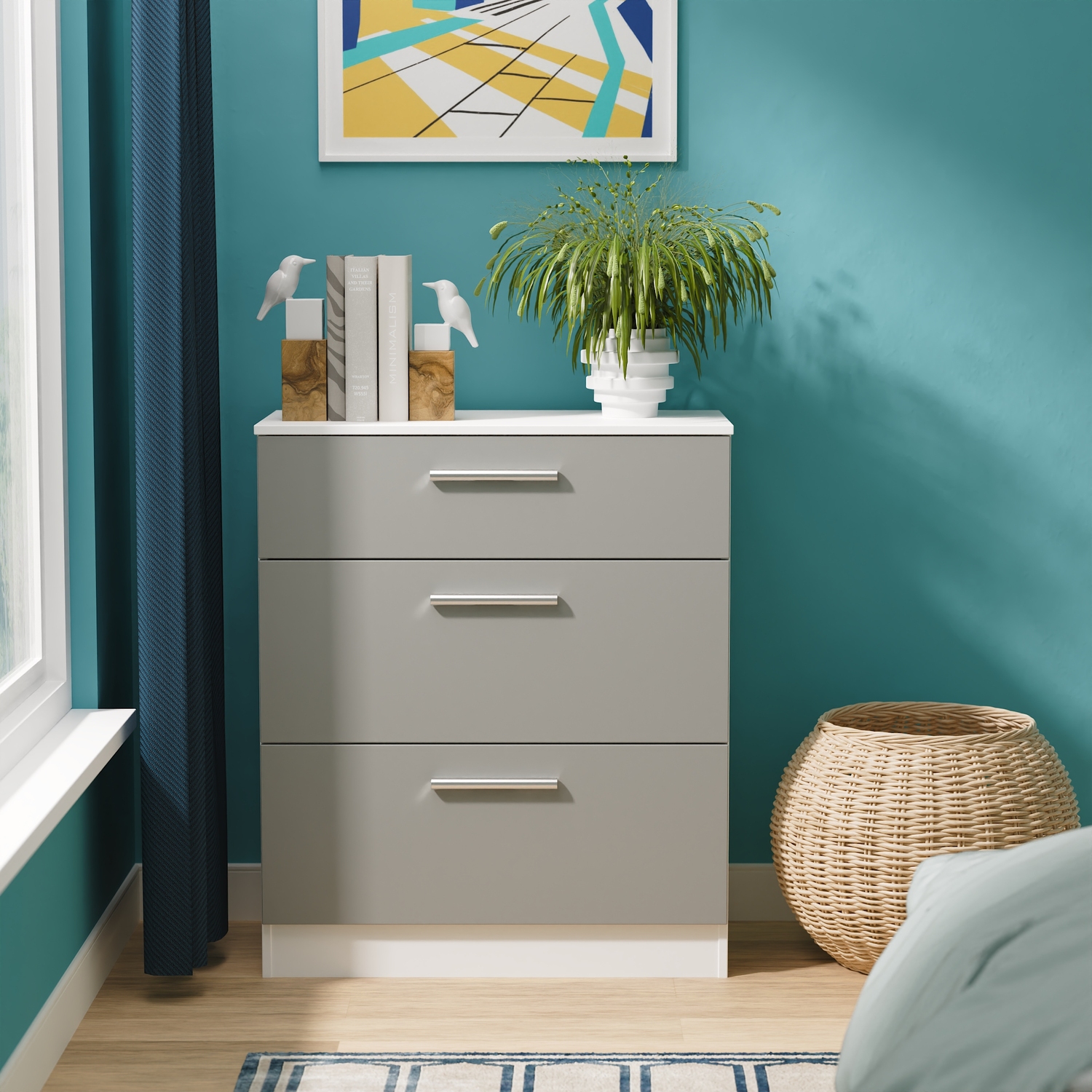 Contrast Ready Assembled 3 Drawer Deep Chest - Dusk Grey & White