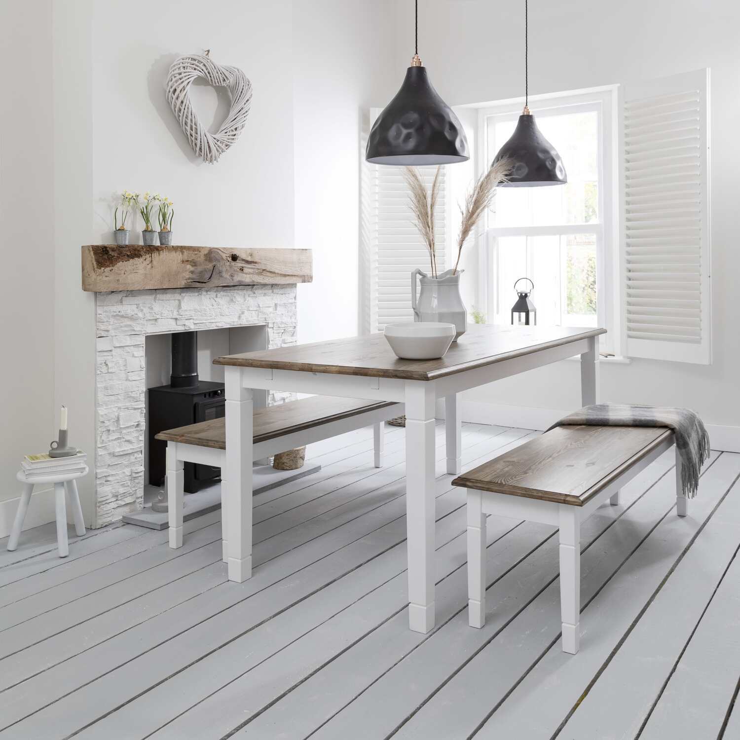 Canterbury 180cm Dining Table With 2 Benches In Silk Grey And Dark Pine - White