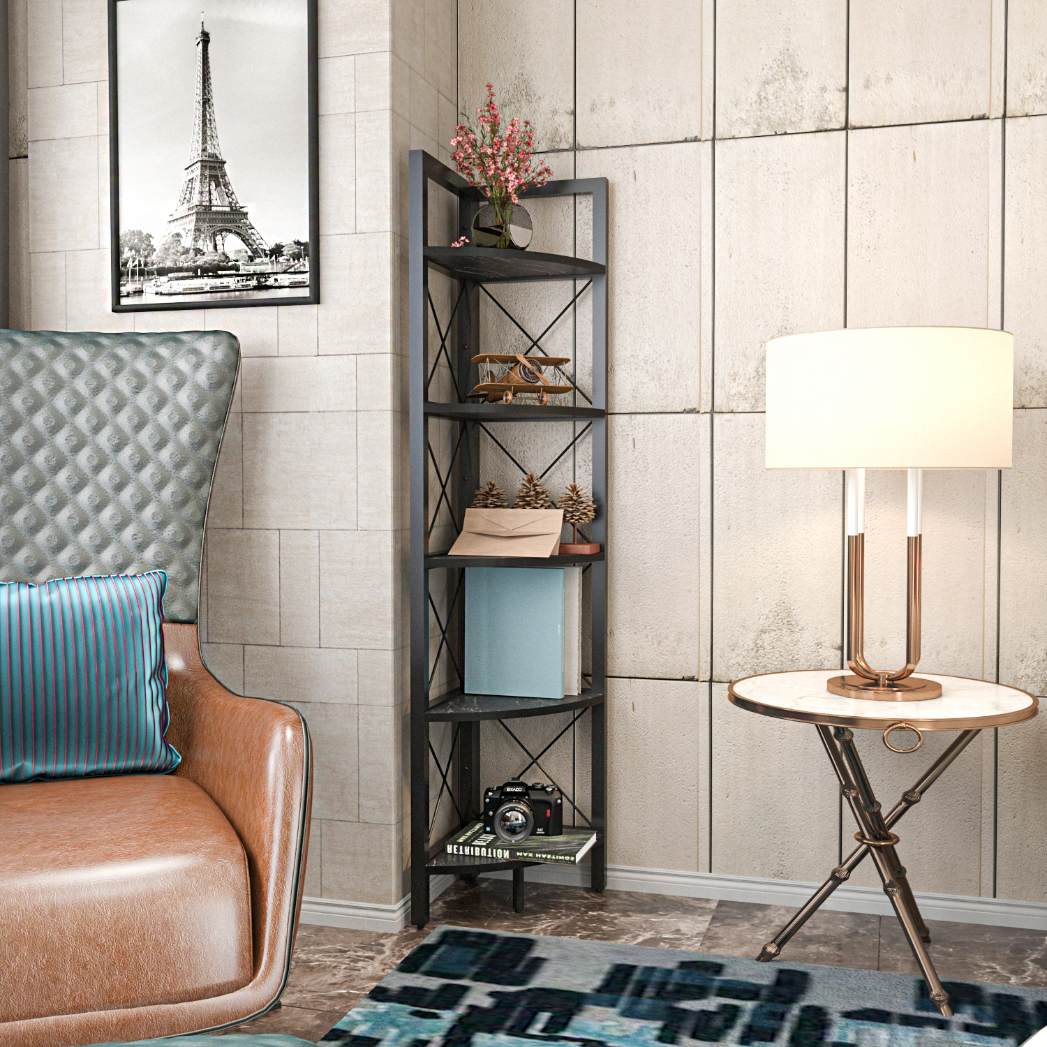 Decorotika Remo 5-Tier Modern Bookshelf Shelving Unit - Black Marble Effect And Black