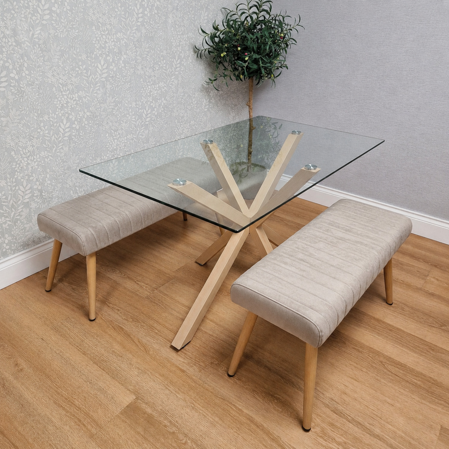 KOSY KOALA 4 Seater Glass Dining Table Set with 2 Beige Benches for Dining Room in Clear