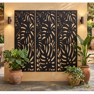3 X Black Metal Leaf Design Wall Screen 120x30Cm