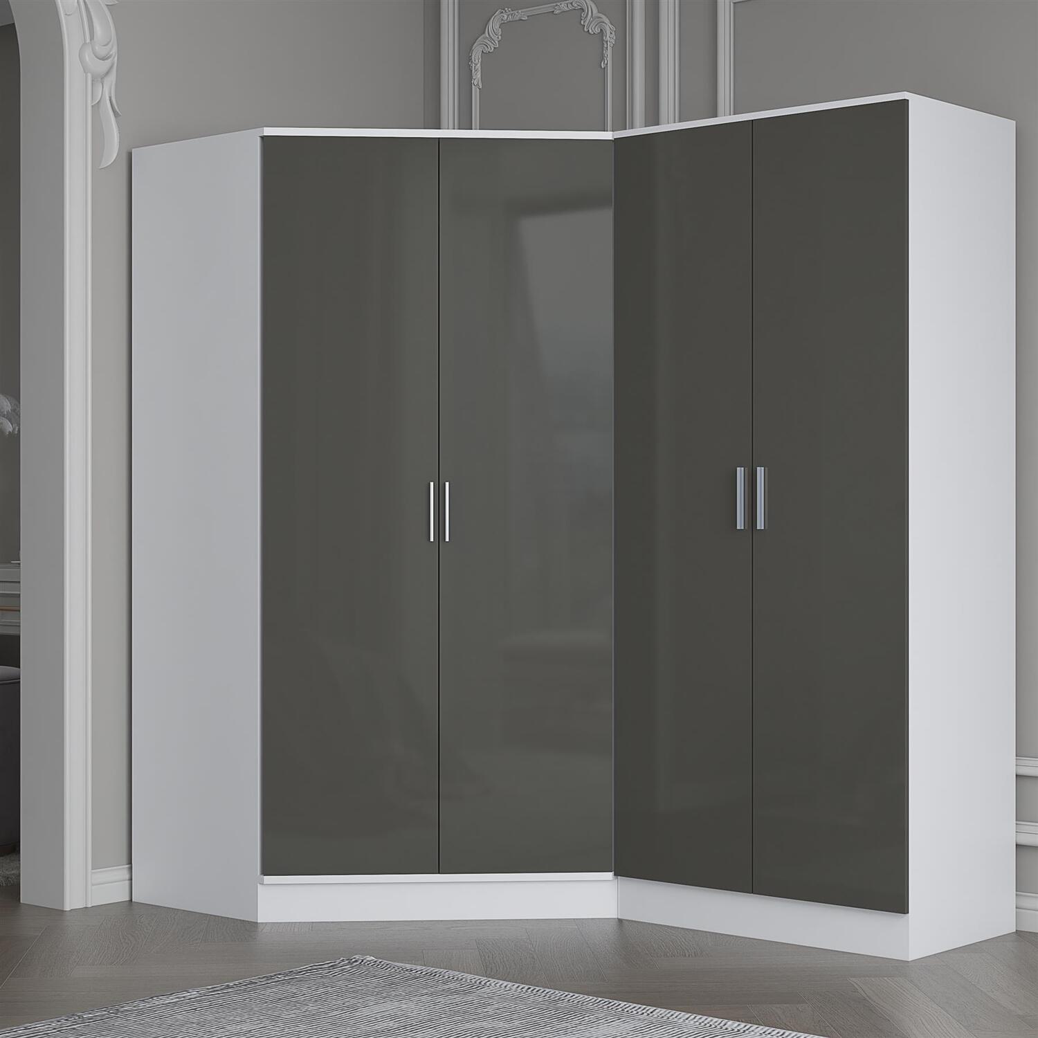 Reflect Black Gloss Wardrobe Bundle - Corner + 2 Door Plain - Grey / White - Grey Gloss / Matt White