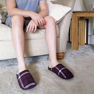 Mens Plush Fleece Lined Slip On Mule Checked Plaid Slippers