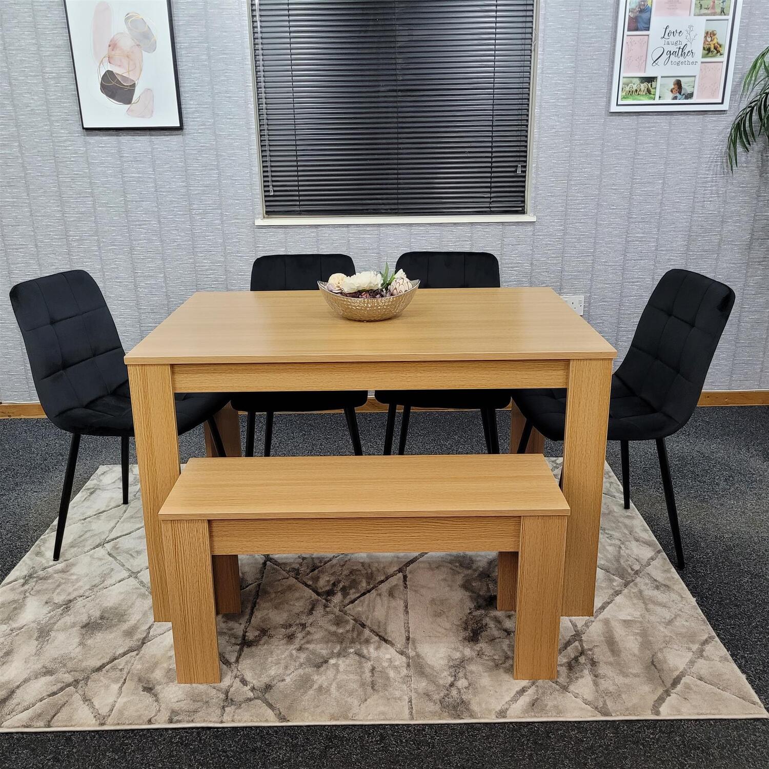 KOSY KOALA 6 Seater Light Wood Dining Table Set with 4 Black Velvet Chairs Bench in Brown - Image 2