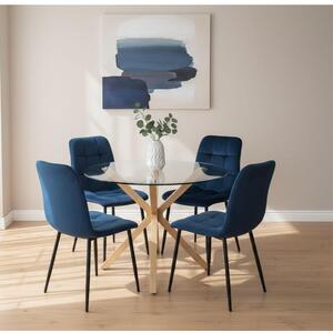 Round Glass Dining Table Set With 4 Blue velvet Chairs Dining Room Furniture