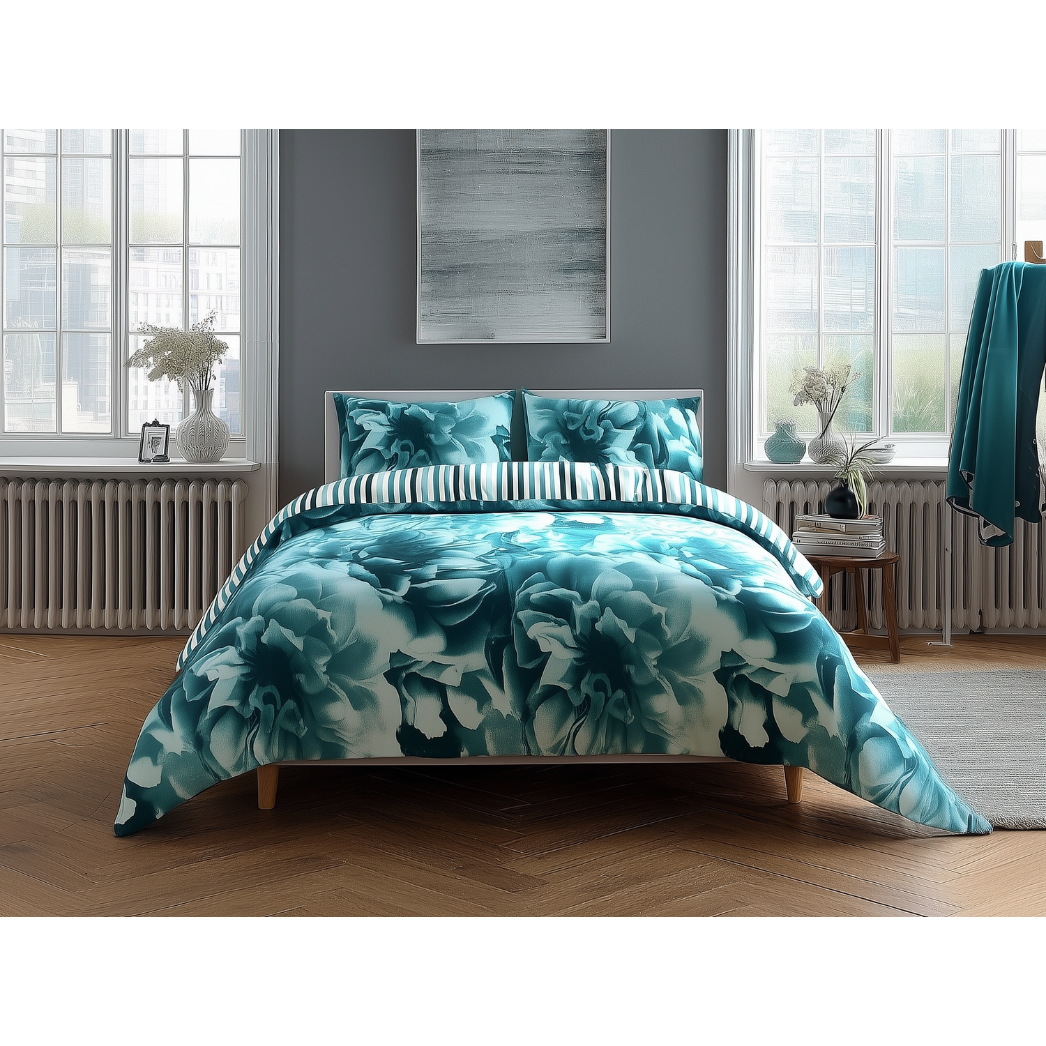 Snug City Duvet Cover & Pillowcase Set Reversible Rose & Stripe Design Polycotton Bed Linen in Teal | Size: Single