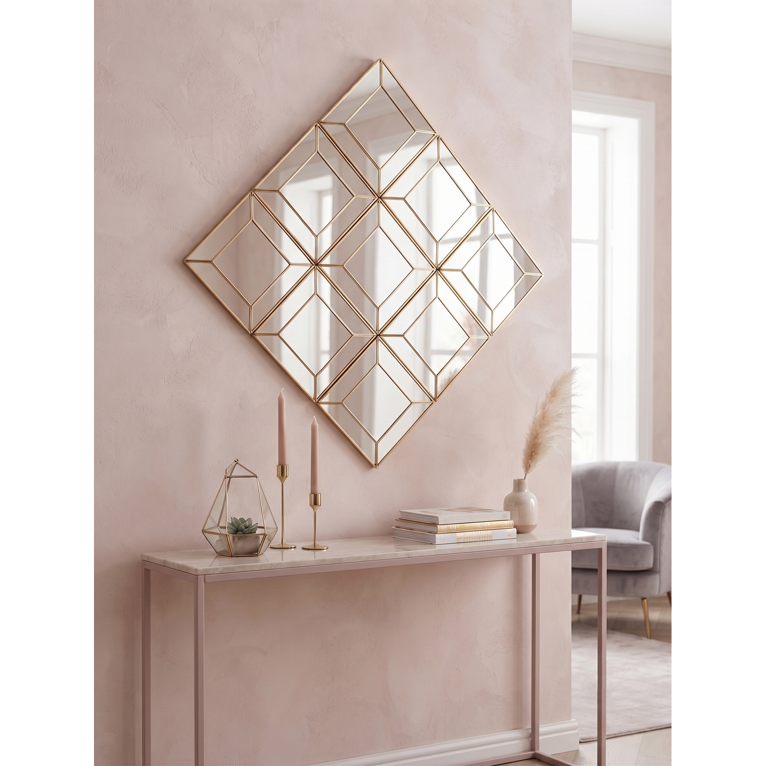 Biznest Pack Of Contemporary Gold Diamond Shape Wall Hanging Mirror Medium Size Bevelled Edges Styte Plastic Framed Home Furniture Décoration Present Idea 30x30Cm, 9 - Image 2