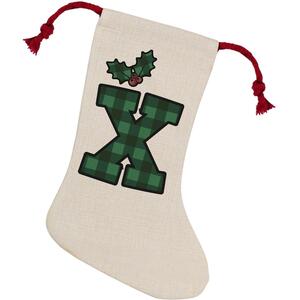 Green Tartan Alphabet Letter X Stocking - Novelty Xmas Gift - Linen-Style With Red Drawstring Ties
