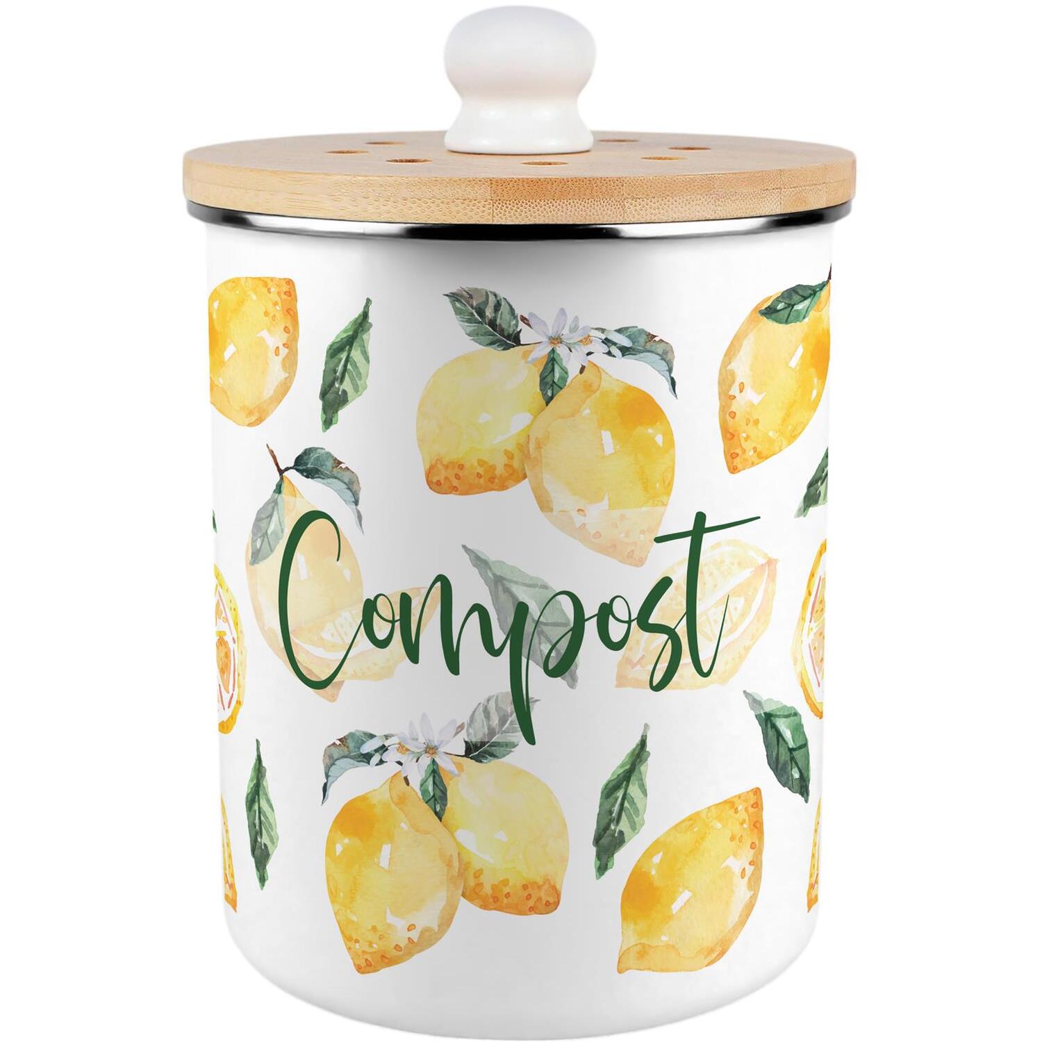 Purely Home Vibrant Lemons Compost Caddy - Metal 2L Decorative Kitchen Food Waste Bin - Yellow