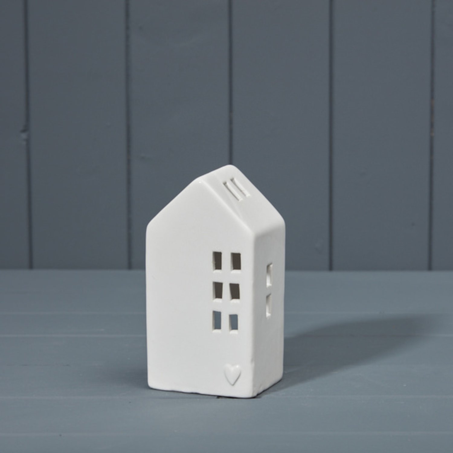 White Ceramic Tealight House with Heart Decal - White