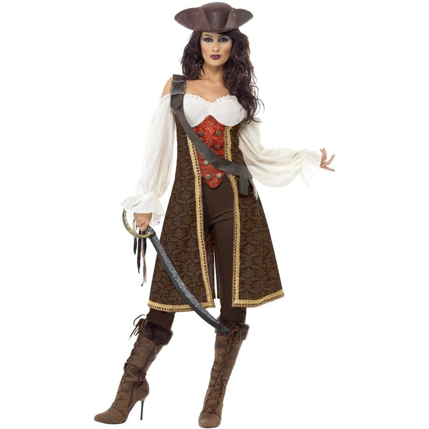 Smiffys Womens/Ladies High Seas Pirate Wench Costume Set - Brown/White/Red