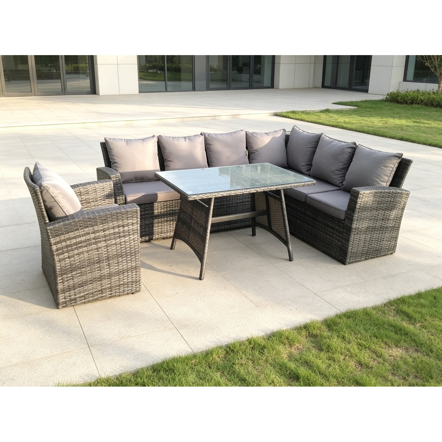 Fimous Dark/Grey 7 Seater High Back Rattan Garden Furniture Set Corner Sofa With Oblong Dining Table And Chair Set - Image 2