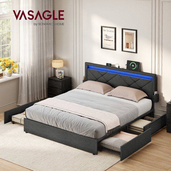 VASAGLE King Bed Frame with Storage Drawers, LED Headboard
