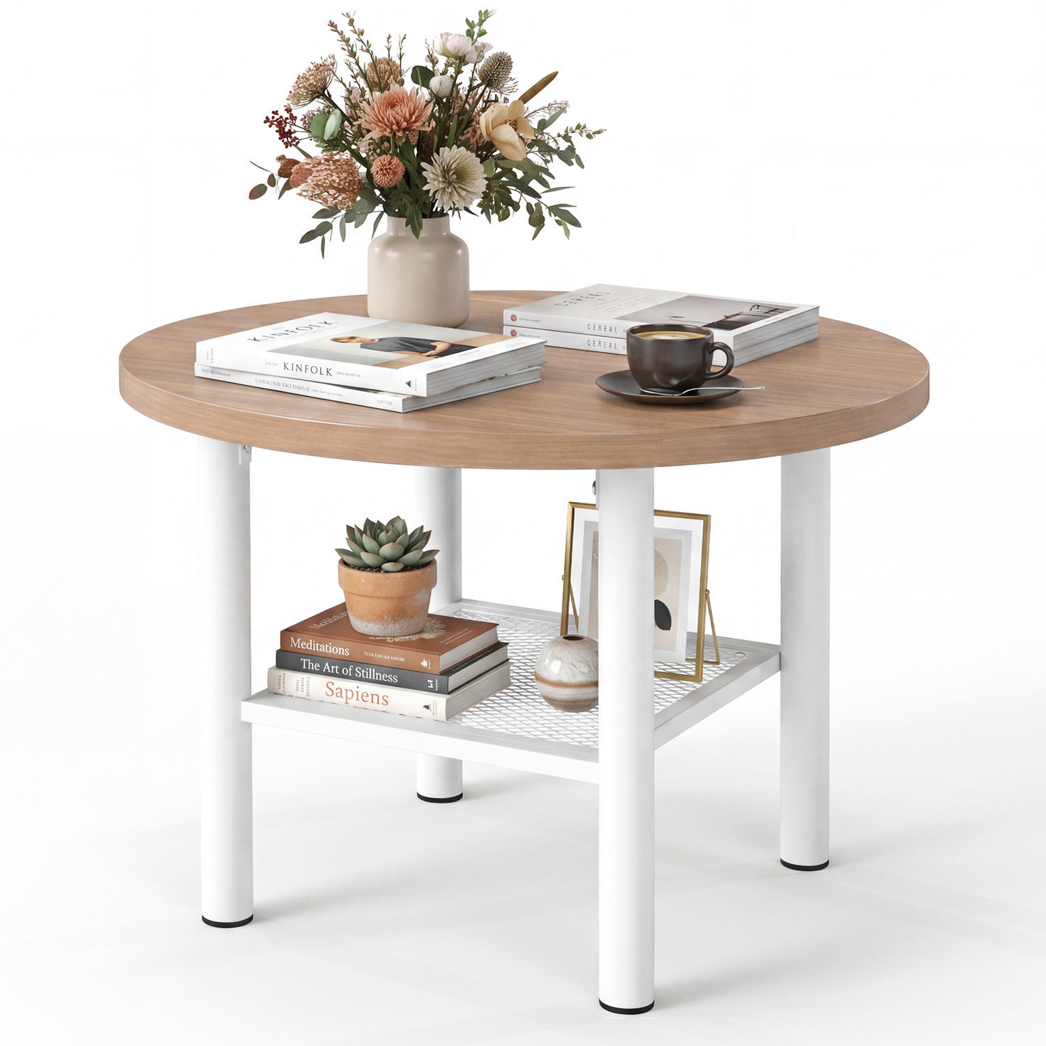 Costway 2 Tier Modern Circular Coffee Table With Metal Frame - Naturtal