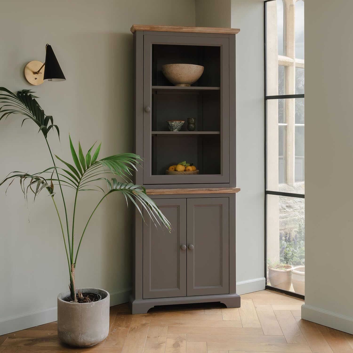 Statement Furniture Florence Corner Display Cabinet With Glass Top And Cupboard - Dove Grey - Dove Grey