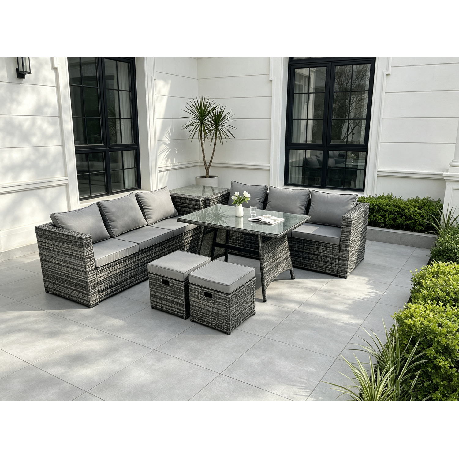 Fimous Dark/Grey 8 Seater Wicker Pe Rattan Garden Dining Set Outdoor Furniture Sofa With Side Table Dining Table Stools Mixed - Image 2