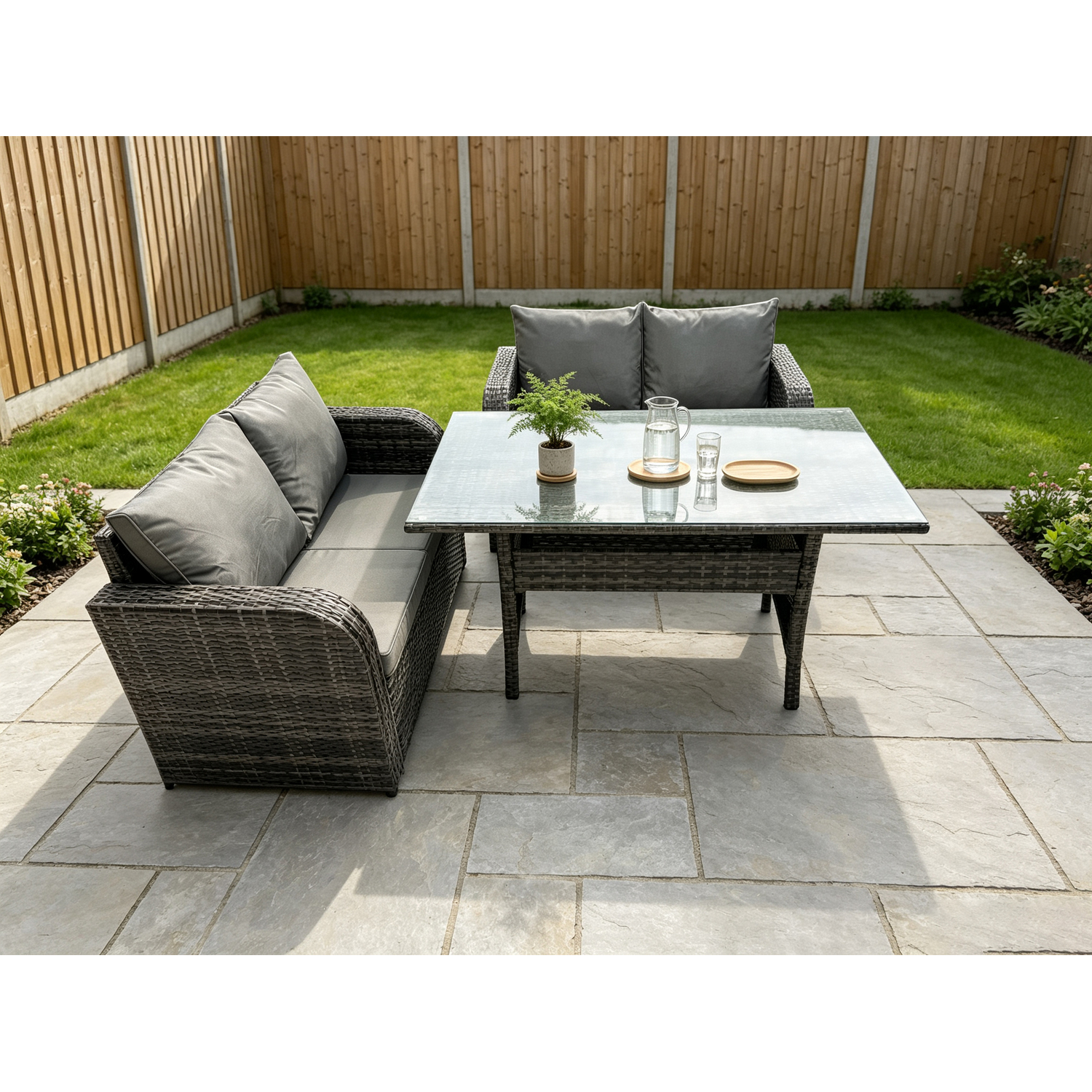 B&Q - Dark Grey Pe Rattan Garden Furniture Set Love Sofa 2 Seater Sofa Set Outdoor Rectangular Dining Table 4 Seater - Image 2