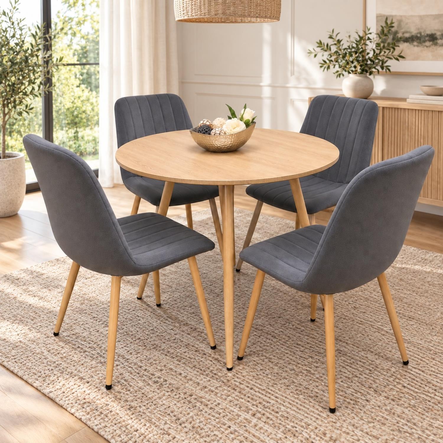 Kosy Koala Wood-Effect Round Dining Table Set With 4 Beige Velvet Padded Chairs & Metal Legs, 90 Cm - Brown