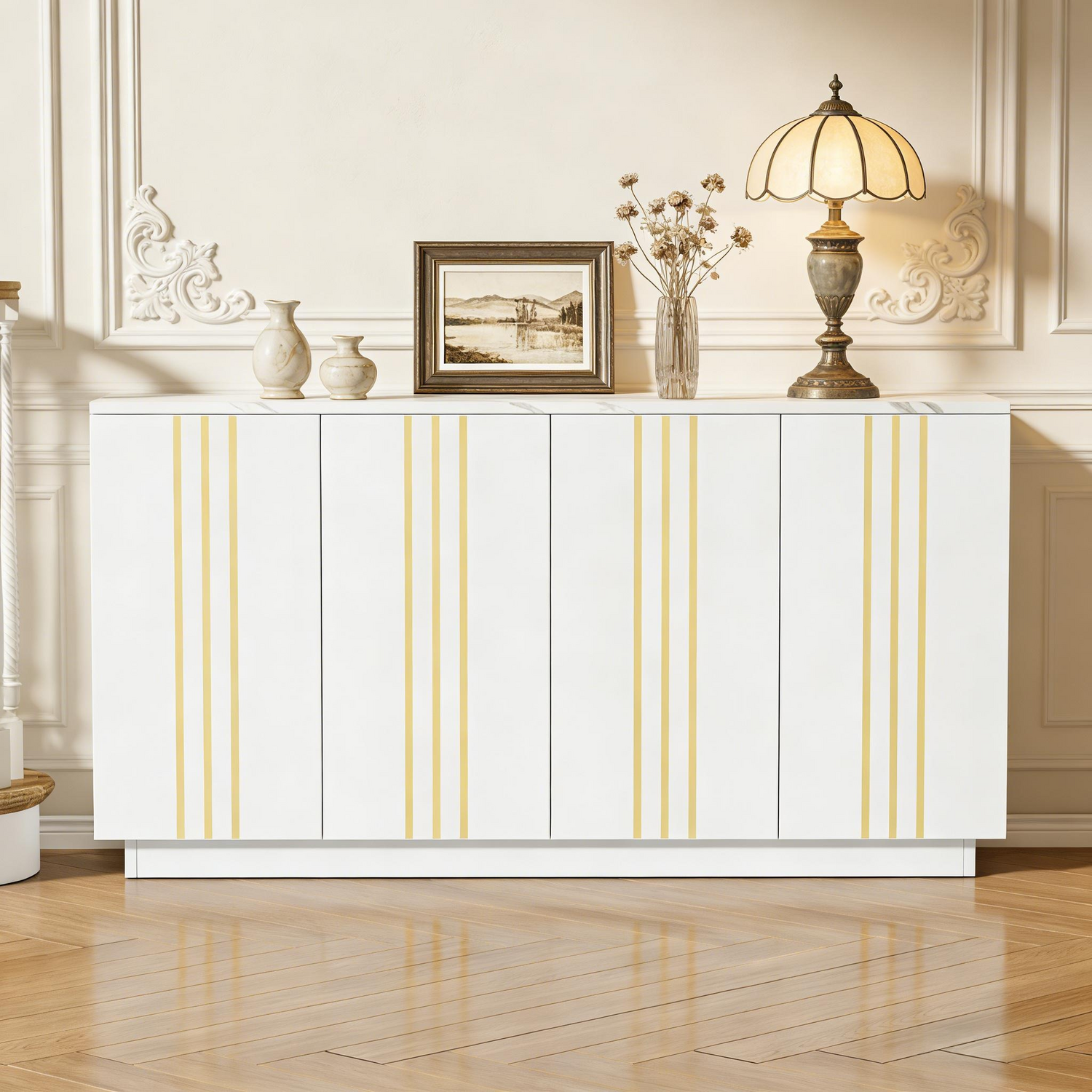 Aka Living Room Sideboard With 4 Doors And Adjustable Dividers, White & Gold - White