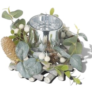 Festive Eucalyptus and Silver Christmas Candle Holder