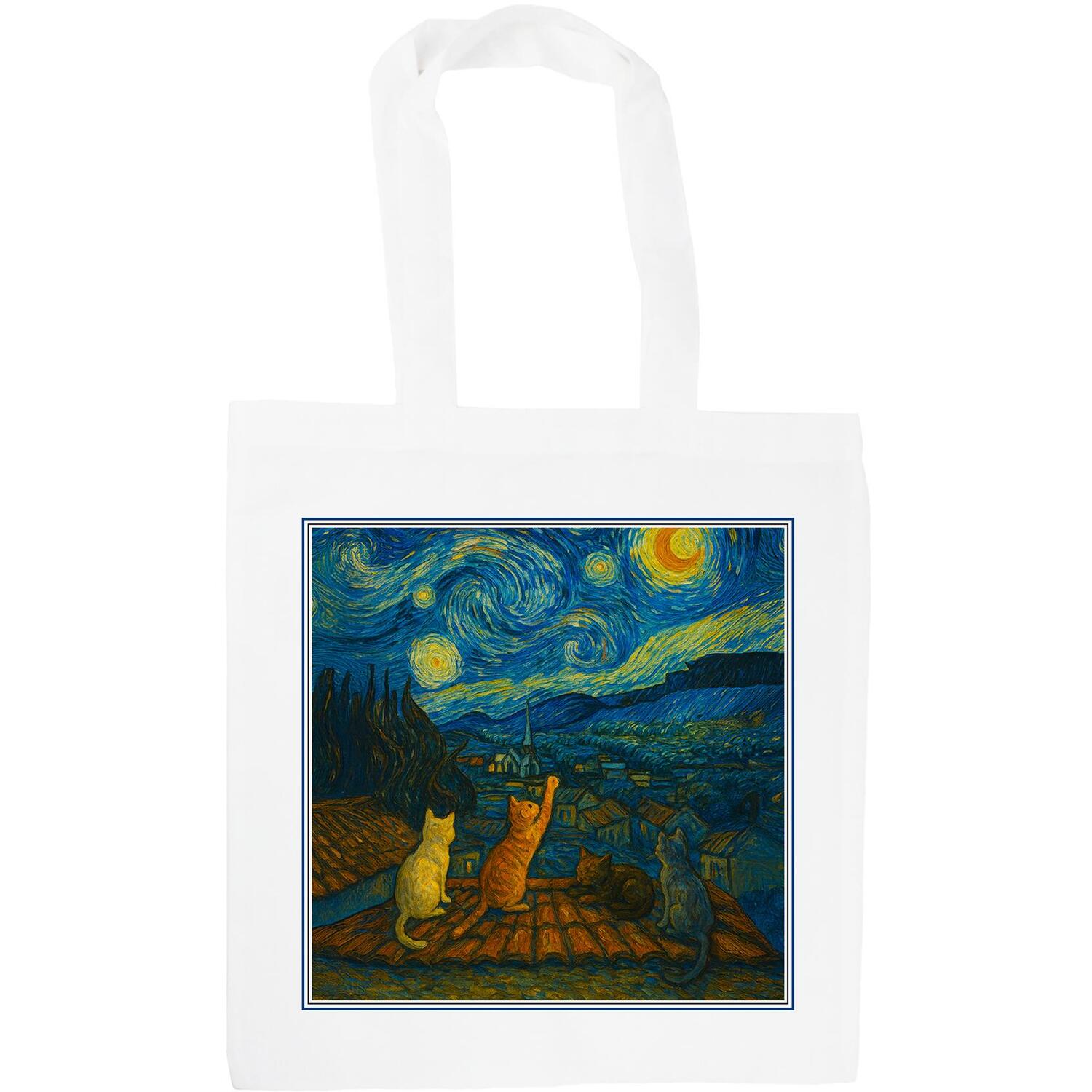 Van Gogh Cat Tote Bag - Starry Night Reusable Shopping Bag Gifts for Cat Lovers - Image 2