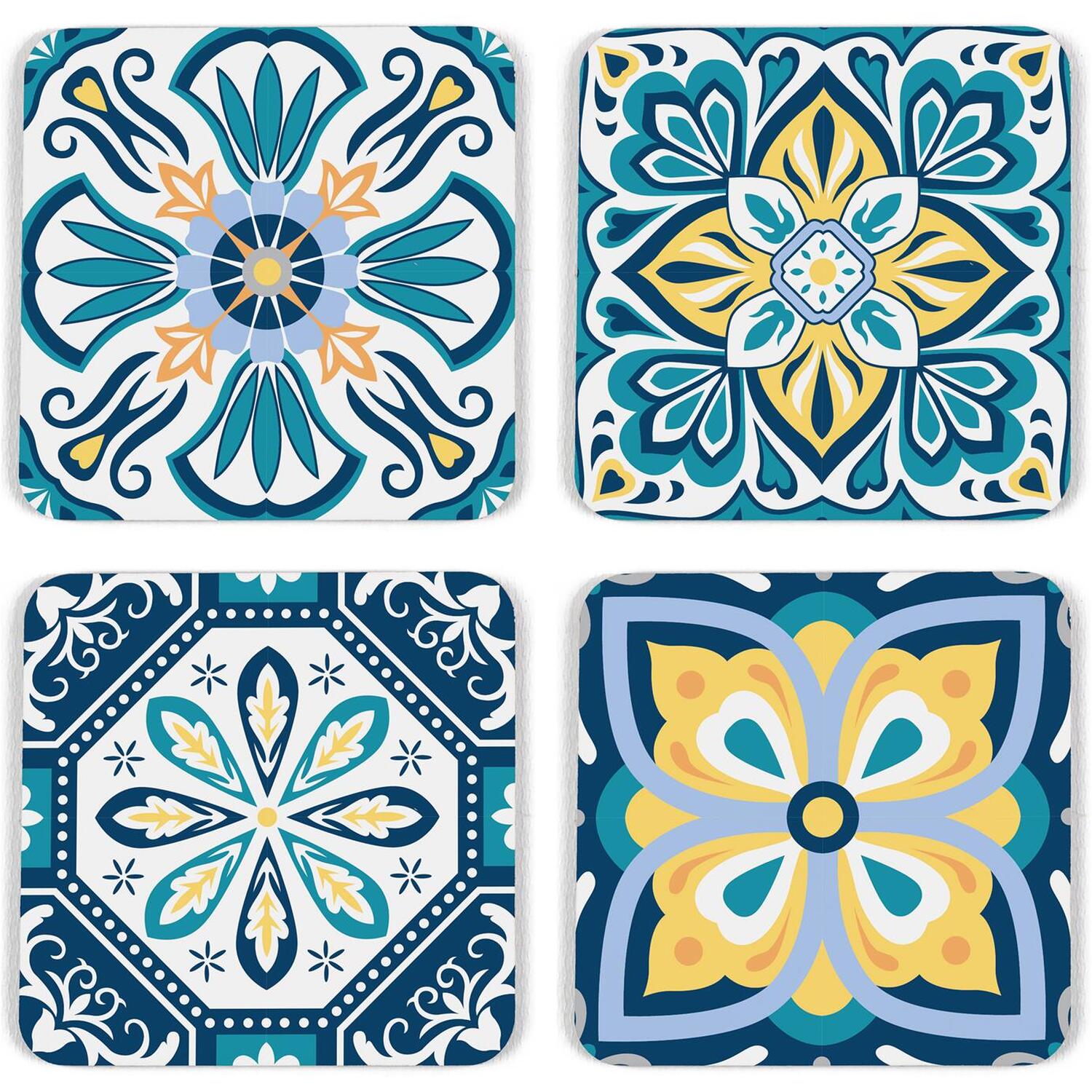 Blue Greek Tile Cork Coaster Set - Mediterranean Inspired Decor Gift - Set of Four (4) Square Drinks Coasters - Image 3