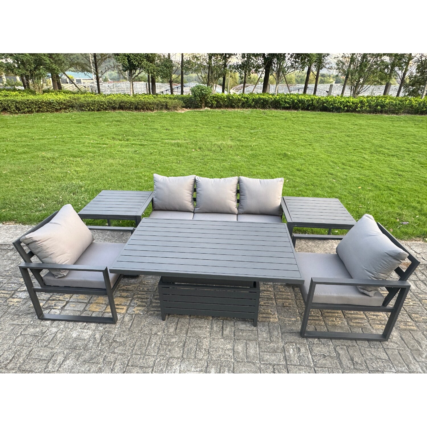 Fimous Unisex Dark Grey Aluminum 6-Piece 5-Seater Sofa Set With Lifting Table, 2 Chairs In Size 6 - Image 3