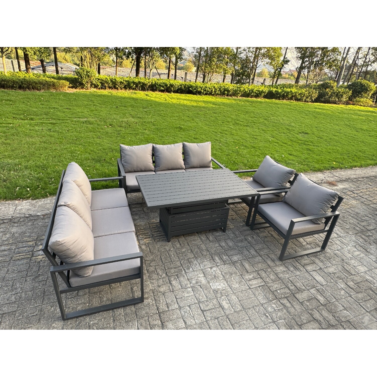 Fimous Dark/Grey 8 Seater Aluminium Patio Furniture Set With Adjustable Rising Dining Table, 2 Sofas & 2 Chairs - Image 3